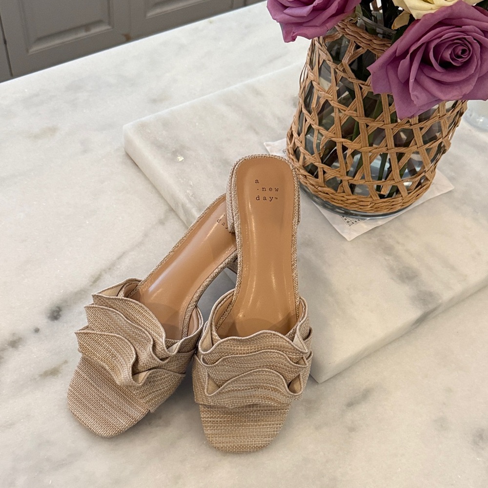 A New Day Beige Ruffle Mules